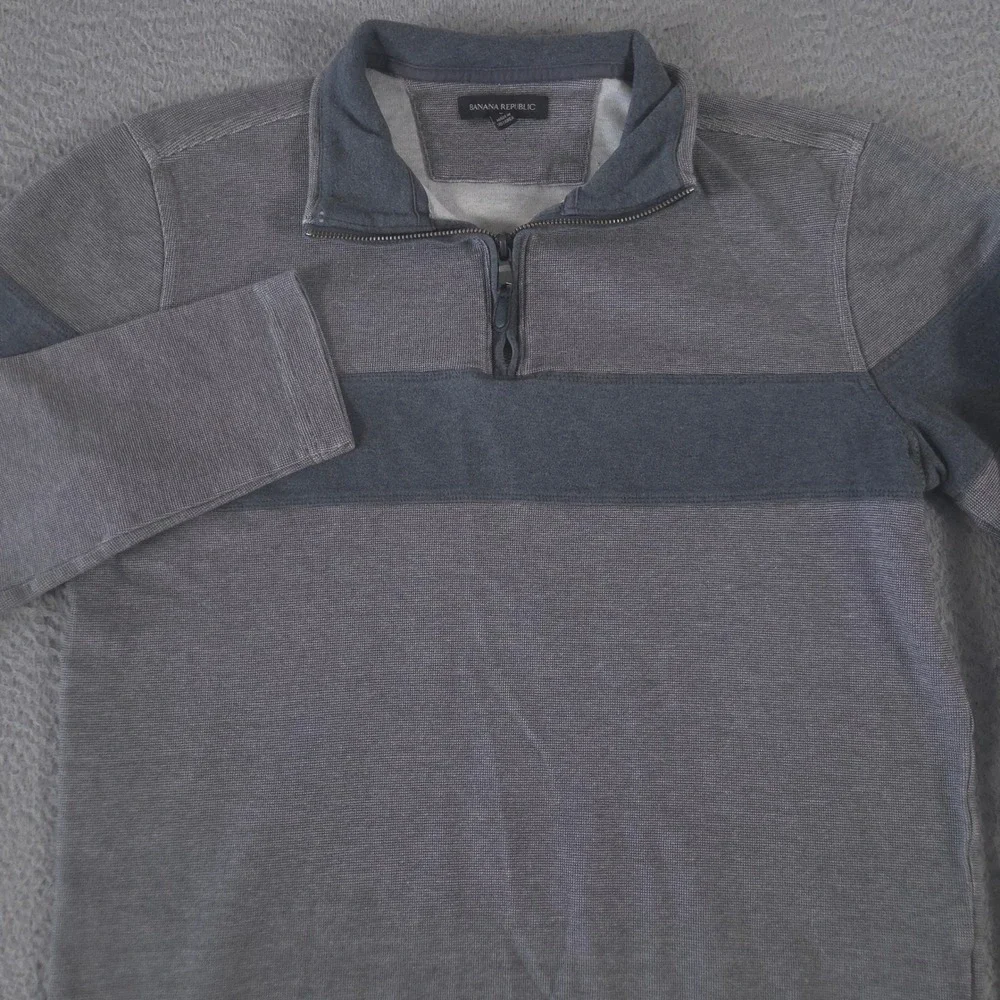 Banana Republic Sweater Men Large Grey Blue Striped 100% Cotton Quarter Zip Knit